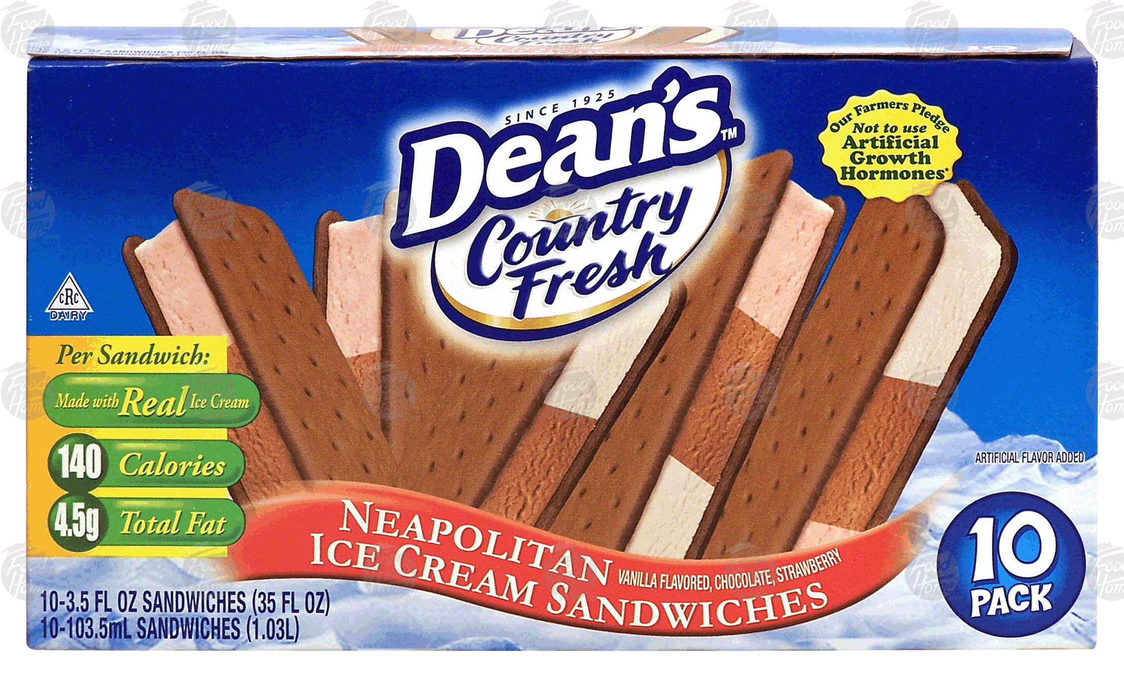 Dean's Country Fresh neapolitan ice cream sandwiches; vanilla, strawberry & chocolate ice cream, 10 pack Full-Size Picture